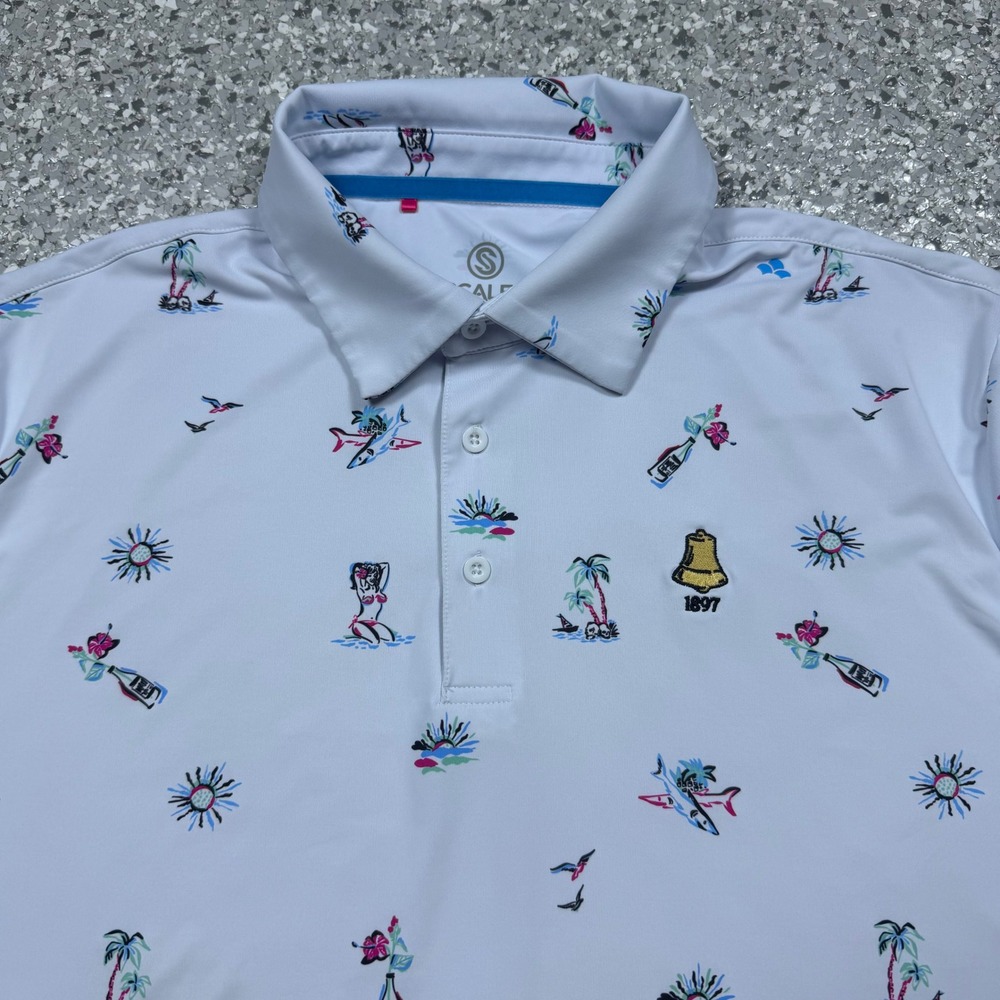 Scales Golf Polo Men's Large Palm Tree Beach Print Preppy Preformance